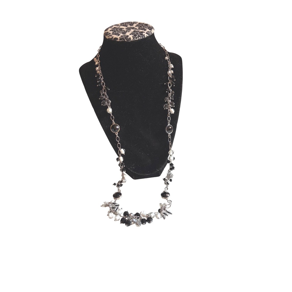 White House Black Market Black White Beaded Long Station Necklace Silver Tone